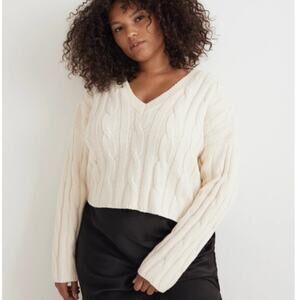 Madewell SZ XL Cable-Knit V-Neck Crop Sweater Antique Cream